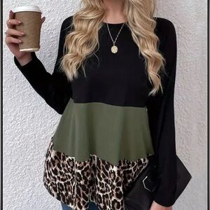 SHEIN Black and Olive Colorblock Leopard Top